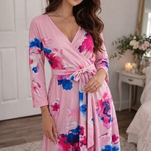 SHEIN Pink Floral Wrap Maxi Dress with Blue & Fuchsia Accents